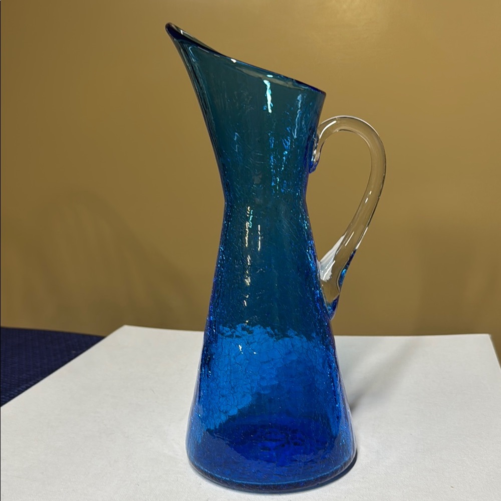 Pilgrim Blue Crackle Glass Pitcher with Applied Handle Pontil 11” tall